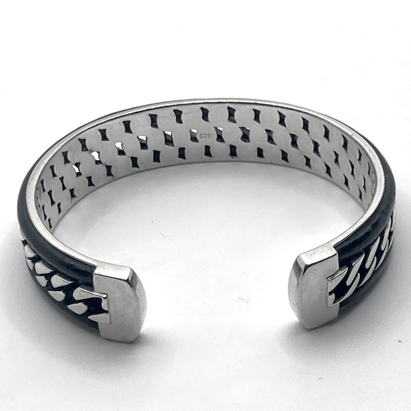 Effy Sterling Curb Link Open Cuff Leather Trim Cuff Bracelet 6” + 1” Gap / 40g - Picture 3 of 10